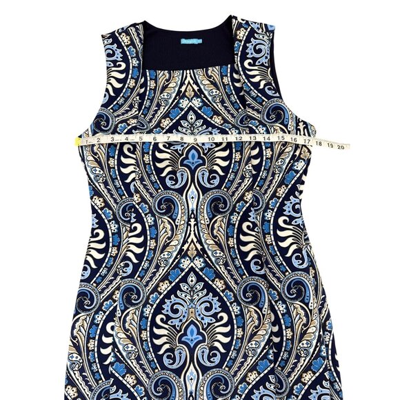 J. McLaughlin Sleeveless Scuba Dress Blue White Paisley Sheath Womens Size M - Picture 5 of 8